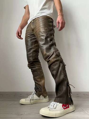 Distressed leather brown pant - distressed,