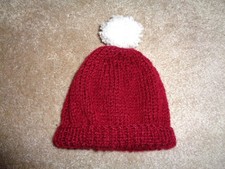 Doll / Teddy Bear Claret Hand Knitted Bobble Hat with White Pom Pom
