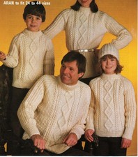 Aran Cable Knitting Pattern: Family Jumper & Hat Sweater 24-44 inch