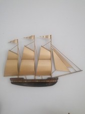 Lovely Vintage Hand CARVED Brass / Wood Sailing Warship Wall Hanging Plaque 