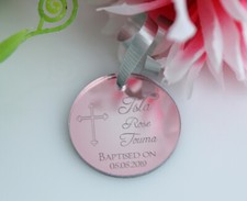 CHRISTENING BAPTISM MIRROR ROSE GOLD ACRYLIC TAGS BOMBONIERE FAVOURS ENGRAVED