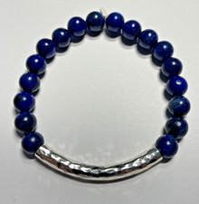 Solid Silver Hammered Finished Curved Bar With Lapis Lazuli Beads Bracelet.