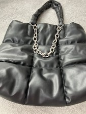Black Puffa Style Shoulder Bag With Silver Chain Decoration
