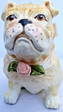 ceramic sitting female bulldog Christmas ornament flower ribbon 3.25" tall