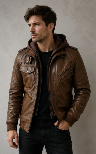 Men brown leather hooded - leather,