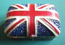 Vintage Enamelled Union Jack Small Ring/ Pill / Trinket Box Gold Colour + Stones