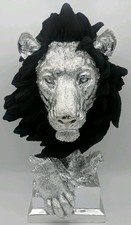 Detailed Silver & Black Lions Head Statue Plastic Table Centerpiece Ornament UK 