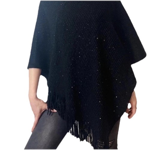Black knitted poncho one size - poncho,