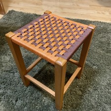 Vintage Wooden stool orange & brown rattan woven plastic string top mid Century