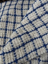 Vintage Candlewick Bed Spread Cover White Blue Checked King Size 238x260cm