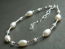 Ivory White Oval Pear Tear Drop Freshwater Pearls & 925 Sterling Silver Bracelet