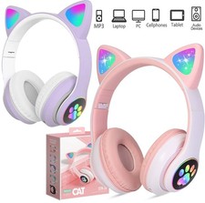 Kids Girls Headphones Wireless Bluetooth Earphone LED Cat Ear X-mas Gift Headset