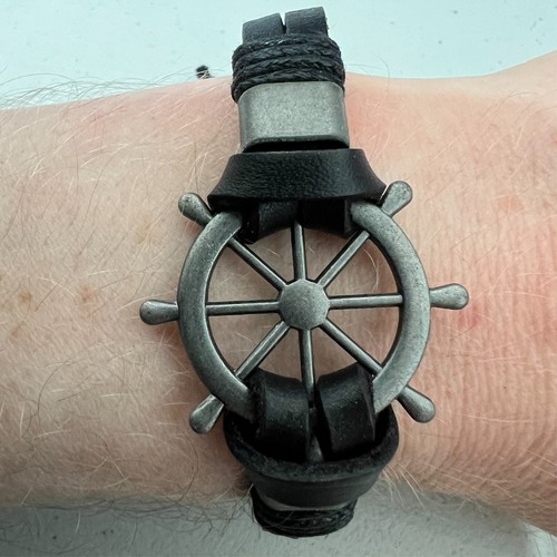 Black leather ship wheel - leather,