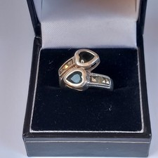  Art Deco Style Sterling Silver Onyx Hearts & Marcasite Crossover Ring..size K½