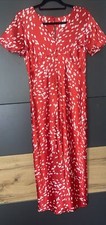 Topshop Red Silky Polka Dot Button Down Midi front slit  Dress Size 10