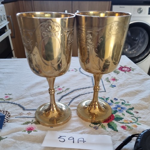 Vintage etched brass - etched, goblets