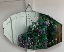 VINTAGE ANTIQUE 1920S ART DECO FLORAL ETCHED FRAMELESS WALL MIRROR 27"x 16"