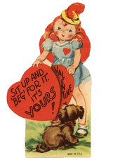 Vintage Valentine Girl Sit Up and Beg It's Yours Puppy Dog c1940s