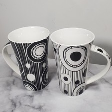 2x Black & White Latte Mugs Geometric Monochrome Johnson Brothers Excellent Cond
