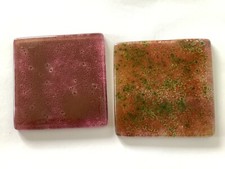 Pair of handmade fused glass square coasters, “petri-dish” design, autmnal reds