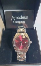Mens Polished Steel Bracelet Classic Amadeus AM00606 Red Wine Analog Date Watch