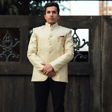 WINTAGE Men's Banarsi Rayon Cotton Indian Jodhpuri Grandad Cream Blazer s36
