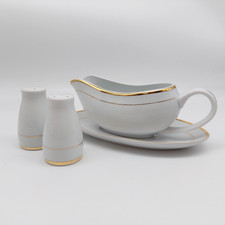 Waterside Fine China Gravy Boat & Underplate Saucer Plus Salt & Pepper Shaker