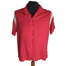 Vintage 60s Red Bowl Away Bluestone Bowling Loop Shirt Boxy Rockabilly Medium