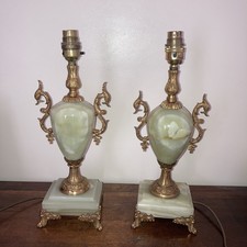 2 x Green Onyx Antique Gilt Urn Table Lamps Sea Serpent Handles c1920 