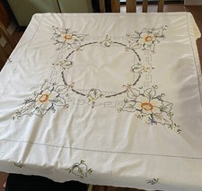 Vintage Art Deco Style Cotton Embroidered Square Table Cloth 48" x 48"
