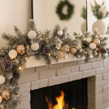 Christmas Snow Effect Garland LED Silver Baubles Decoration 180cm Luxury Xmas