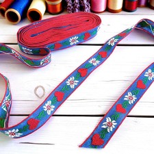 Blue & Red Jacquard Ribbon Braid Daisy & Heart Design 2 Metres narrow trim