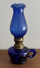 Vintage Miniature Cobalt Blue Glass Oil Lamp Finger Lamp 1950s Hong Kong 20cm