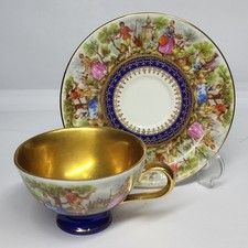 Antique WUNSIEDEL BAVARIA Porcelain Gilded Coffee Cup & Saucer/ Romantic Figures