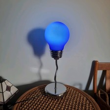 Retro Chrome Table Lamp with Blue Bulb Shade Funky 90s Lighting Pop Art MCM