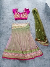 Beautiful Net Ready made Lengha Choli Indian Wedding Navratri - Green & Pink 