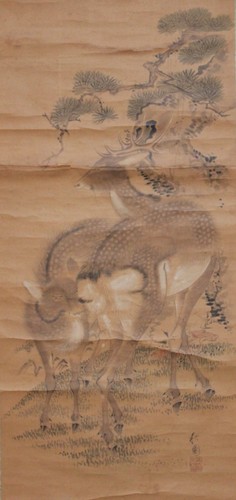 Antique japanese scroll - antique, deer