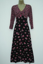 F&F BLACK PINK FLORAL JERSEY MIDI TEA DRESS SIZE 14 3/4 SLEEVES