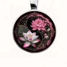 Lotus Flower Necklace Lovely Yin & Yang Multicoloured Stainless Steel Chain NEW.