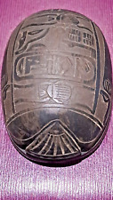 Black Basalt Egyptian Scarab Beetle Fine Carved Stone Hieroglyphics Vintage