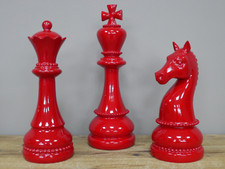 Set of 3 Red Glossy Chess Piece Decorative Sculpture Ornament Statues