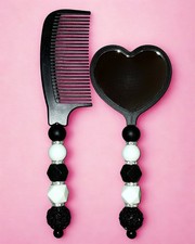 Black White Beaded Comb Mirror