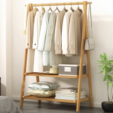 Folding Bamboo Wooden Clothes Rail Rack Garment Hanging Stand Shoe Storage Shelf