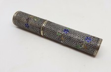 18thC Chinese Export Silver Scrollwork Etui Needlecase Enamel Flowers 