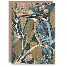 Greeting Card Kingfisher Bird on Tree Branch Blue Botanical Blank Birthday