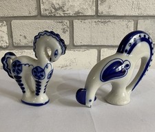 ? Rare Blue & White Porcelain Chicken  & Horse Figurine’s USSR Gzhel ?