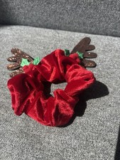 Red Christmas Theme Scrunchie Hair Band With Reindeer Antlers & Holly