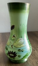 Victorian Opaque Glass Green Vase Hand Painted With Swans