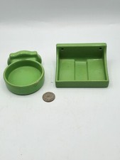 Vtg 1930's Jadeite Green Porcelain Bathroom Soap Dish/ Round Cup Holder