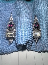 Vintage Garnet & Crystal Solid Silver Earrings 